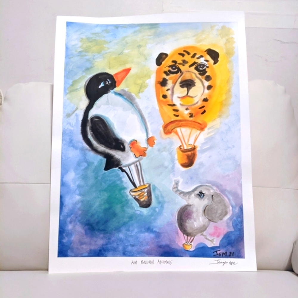 Large Watercolor Painting "Air Balloon Animals"